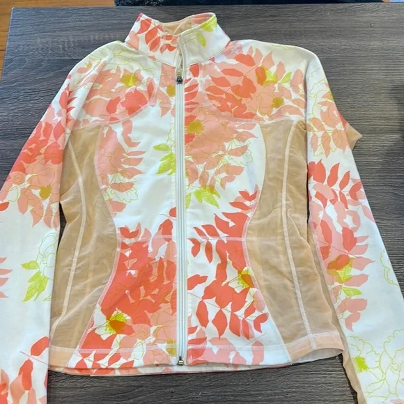 {Lululemon} Floral pink lime green zip up jacket Sz 6 little fuzzy fabric - Picture 1 of 4
